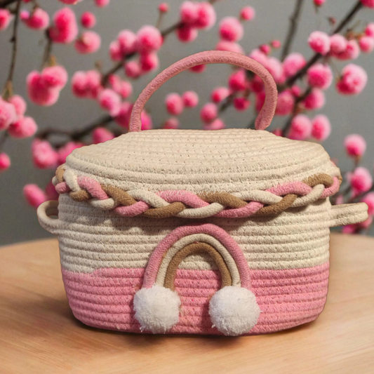 Bhumatha Cute Jute Basket with Lid Storage (pink and white) hamper basket set of 1