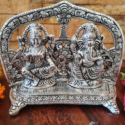 Bhumatha Auspicious Laxmi Ganesh Idol - Silver Plated (12 l x 16H x 5W cm) Box with Two diyas