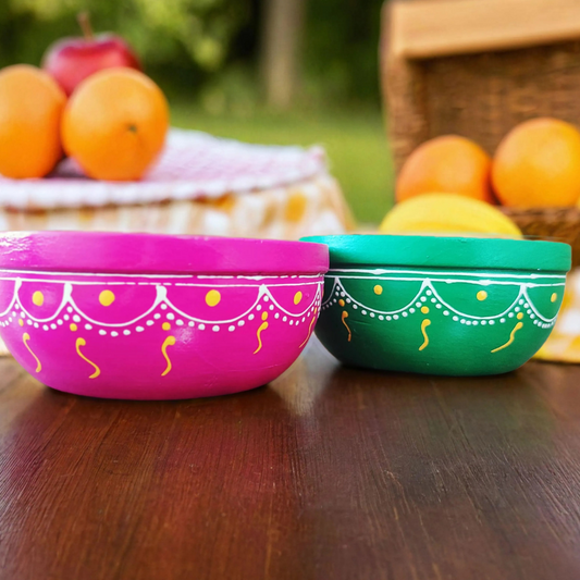 Bhumatha Mango Wood Classic Elegant Hand Made Wooden Bowl with Hand Paint, Multipurpose for Serving, Home & Kitchen Handcrafted (Multi Color) - Set of 2