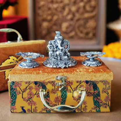 Bhumatha Silver Plated Pagdi Ganesha Idol Oxidized Finish with Luxury Velvet Box and 2 diyas