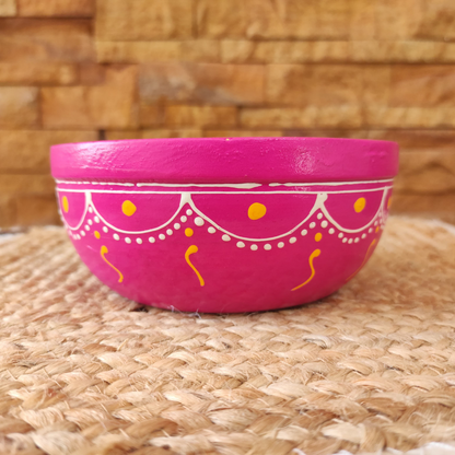 Bhumatha Hand Made Wooden Salad Bowl Made from Mango Wood and Hand Painted Design Outside- Includes Jute Coaster