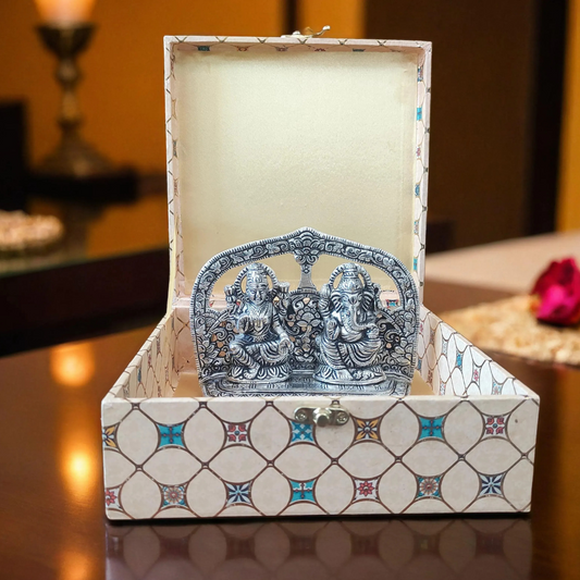 Bhumatha Auspicious Laxmi Ganesh Idol - Silver Plated (12 l x 16H x 5W cm) Box with Two diyas