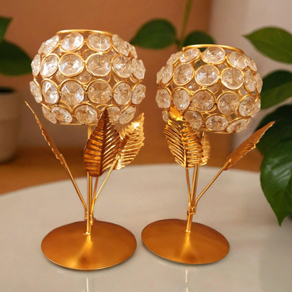 Bhumatha Metal Gold Plated Crystal Candle Holder - Decorative Tea Light Stand Votive for Home Decor (Set of 2)