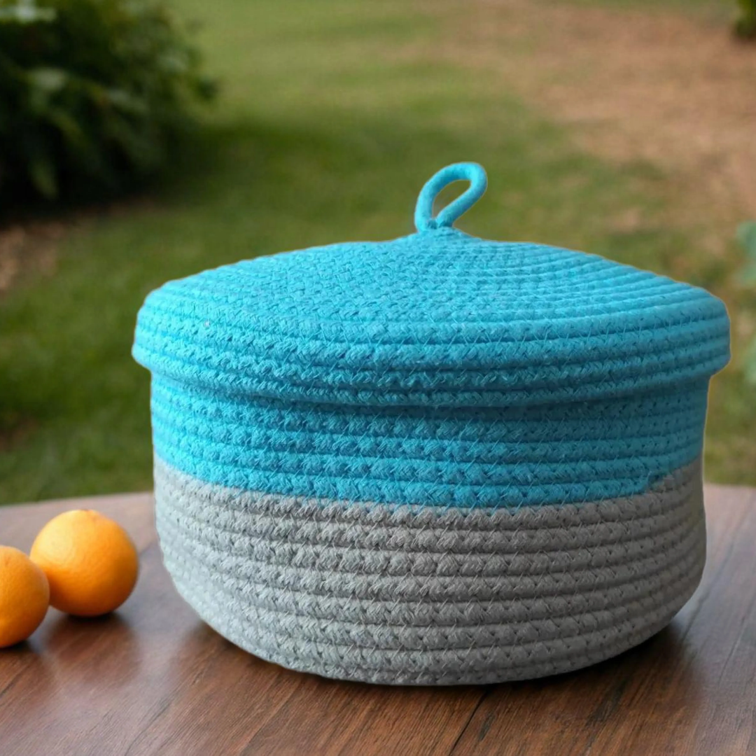 Bhumatha Cute Jute Basket with Lid Storage | Designer Baskets | Storage/Shelves Baskets | Fruit Baskets or clothes or hamper basket set of 1 (BLUE AND GREY)