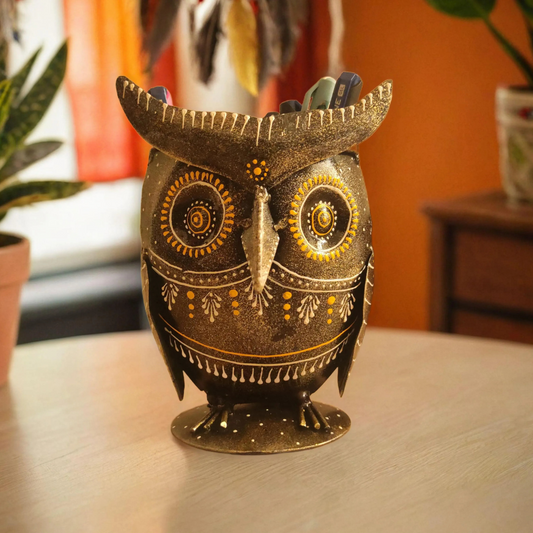 Bhumatha Multicolored Iron Painted Owl Pen Pencil Stand Holder Decorative Showpiece For Home office Study Table Decoration Gift Items set of 1