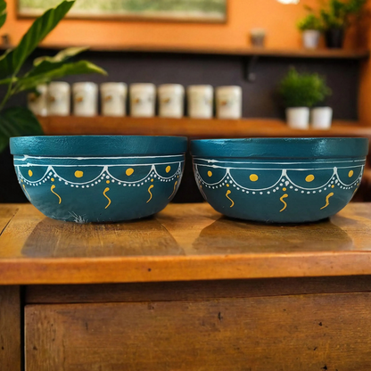 Bhumatha Mango Wood Classic Elegant Hand Made Wooden Bowl with Hand Paint, Multipurpose for Serving, Home & Kitchen Handcrafted (teal color) - Set of 2