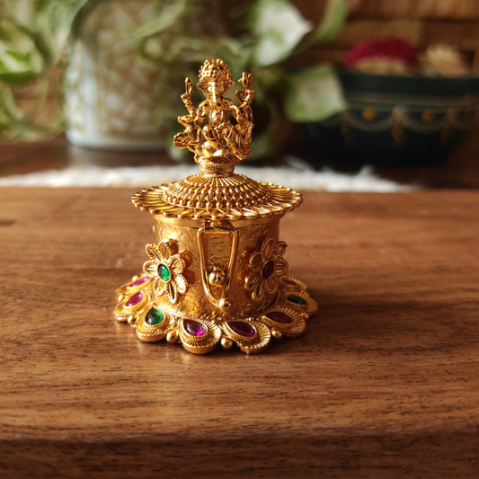 Bhumatha Beautiful Handcrafted Gifting Ganesha Sindoor Kumkum Box, Handmade Traditional Haldi Sindoor Dibbi For Pooja, Round, Golden round