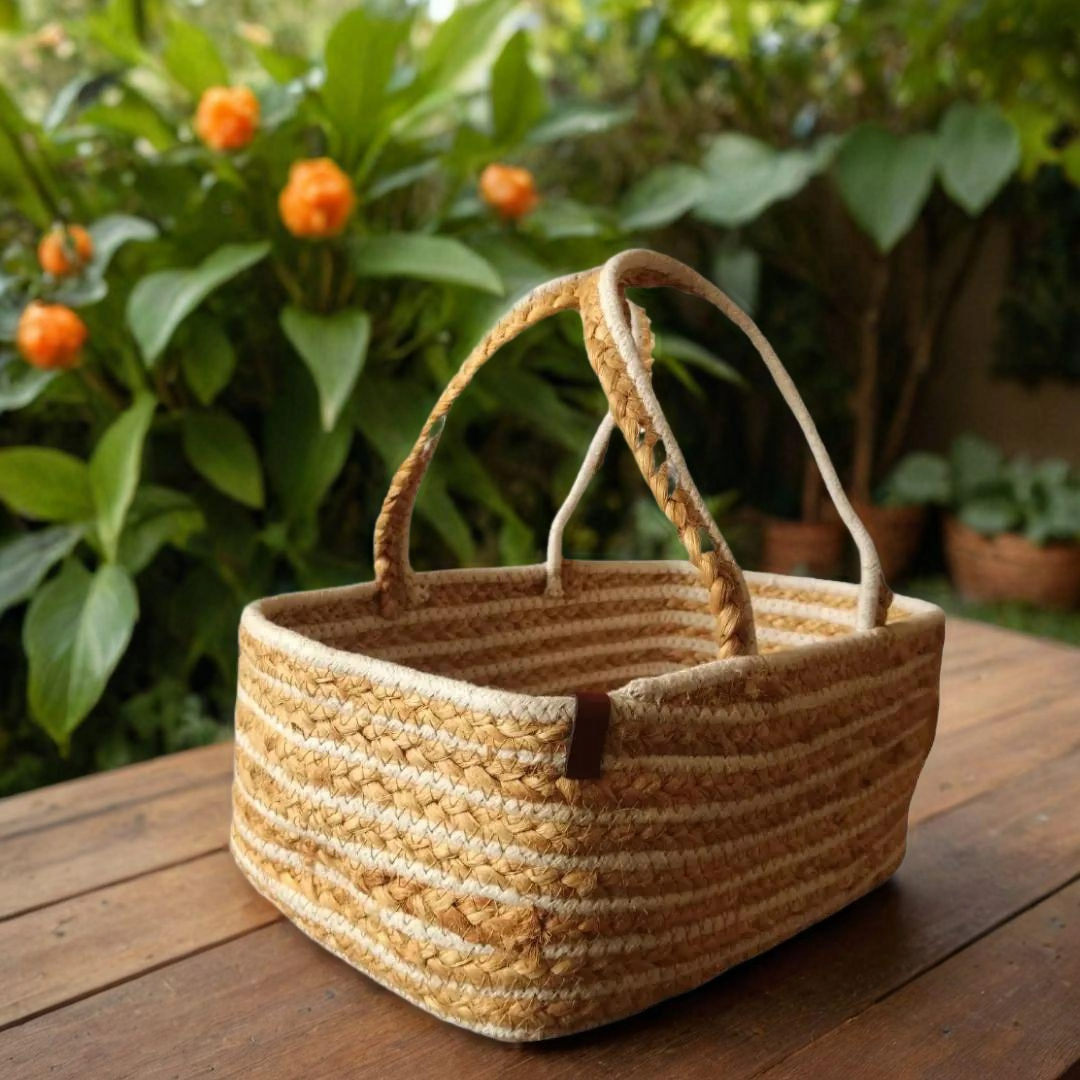 Bhumatha Cute Jute Basket for Storage, Clothes, Kitchen (Beige and white, 32x20x15 cm) - Handmade Rectangular Basket for Desk Organizer, Fruits, Vegetables, Home Decor, Wardrobe, Travelling