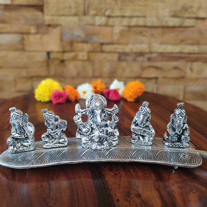 Bhumatha Set of 5 Silver Plated Metal Musical Ganesh Ji Sitting On A Leaf