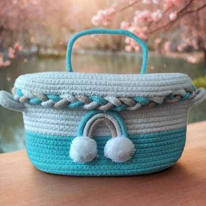 Bhumatha Cute Jute Basket with Lid Storage (blue and white) hamper basket set of 1