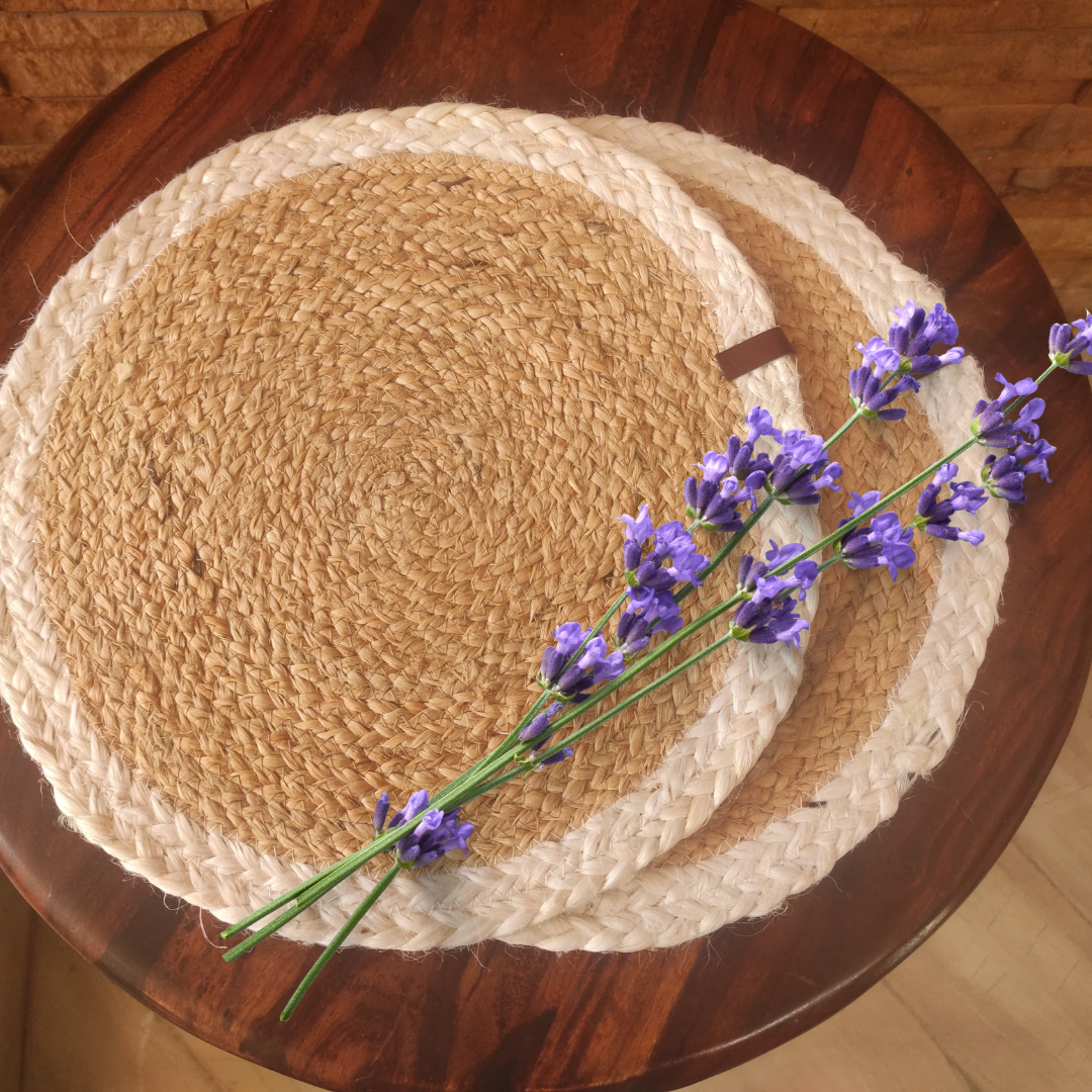 Bhumatha Jute Braided Placemats (White and Gold, 33 cm Round) Set of 2