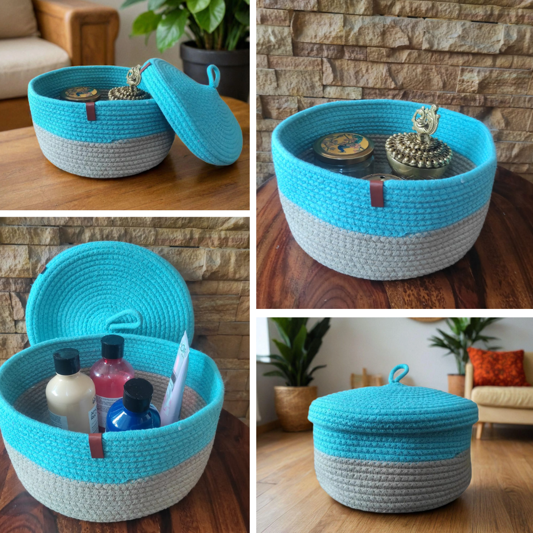 Bhumatha Cute Jute Basket with Lid Storage | Designer Baskets | Storage/Shelves Baskets | Fruit Baskets or clothes or hamper basket set of 1 (BLUE AND GREY)