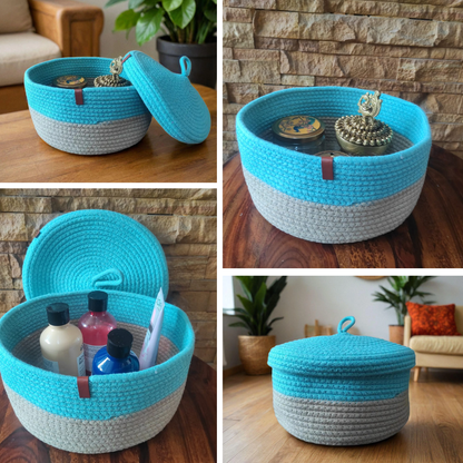 Bhumatha Cute Jute Basket with Lid Storage | Designer Baskets | Storage/Shelves Baskets | Fruit Baskets or clothes or hamper basket set of 1 (BLUE AND GREY)