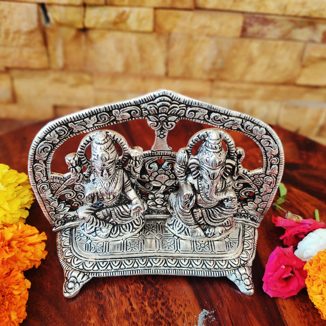 Bhumatha Auspicious Laxmi Ganesh Idol - Silver Plated (12 l x 16H x 5W cm) Box with Two diyas