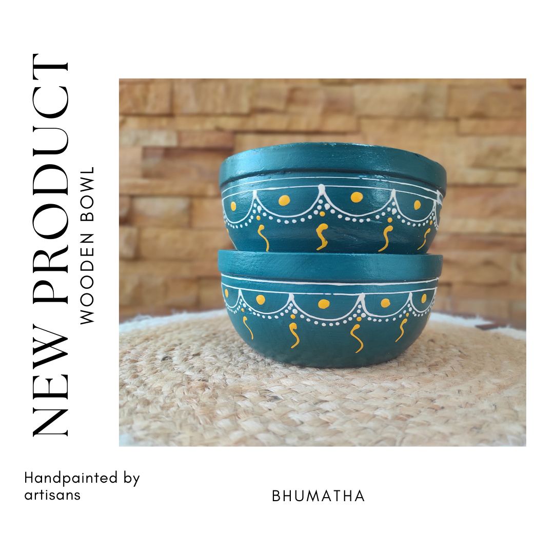 Bhumatha Mango Wood Classic Elegant Hand Made Wooden Bowl with Hand Paint, Multipurpose for Serving, Home & Kitchen Handcrafted (teal color) - Set of 2