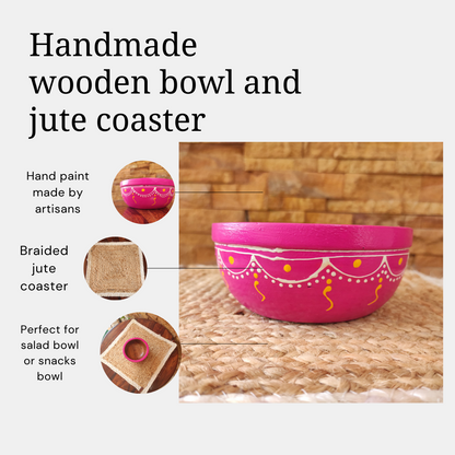 Bhumatha Hand Made Wooden Salad Bowl Made from Mango Wood and Hand Painted Design Outside- Includes Jute Coaster