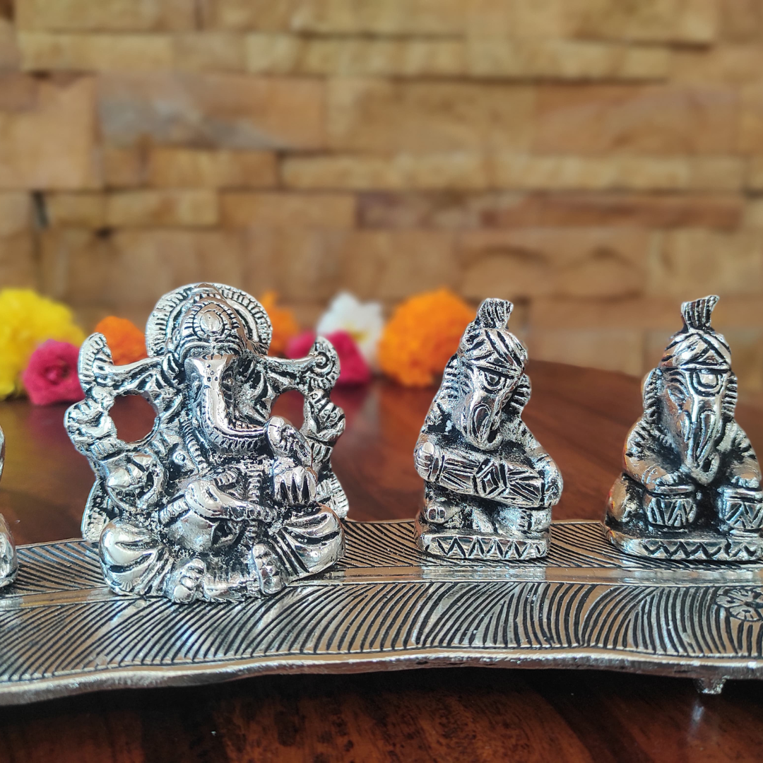 Bhumatha Set of 5 Silver Plated Metal Musical Ganesh Ji Sitting On A Leaf