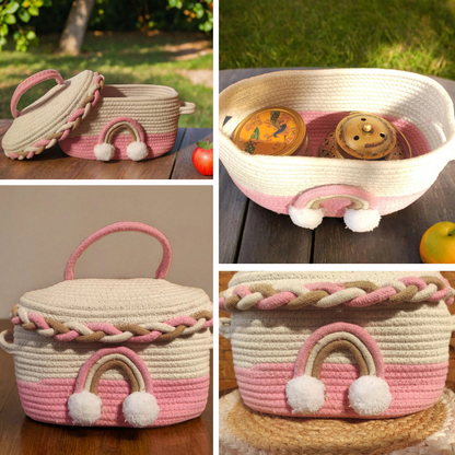 Bhumatha Cute Jute Basket with Lid Storage (pink and white) hamper basket set of 1