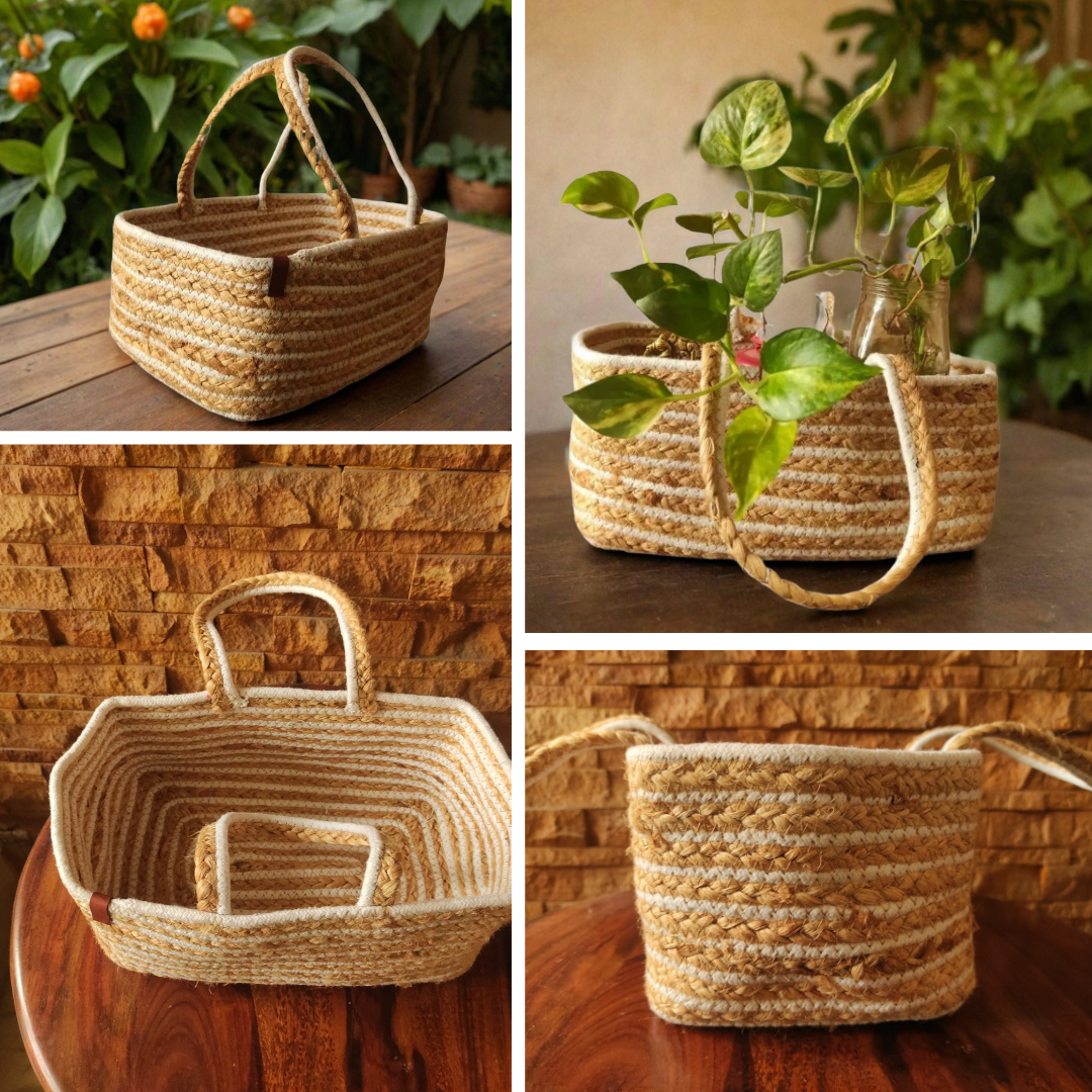 Bhumatha Cute Jute Basket for Storage, Clothes, Kitchen (Beige and white, 32x20x15 cm) - Handmade Rectangular Basket for Desk Organizer, Fruits, Vegetables, Home Decor, Wardrobe, Travelling