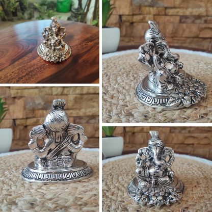 Bhumatha Metal pagdi Ganesh Idol for Diwali Decoration Item - Ganesha for Car Dashboard Ganpati Statue Figurine Murti for Home Office, Tabledesk Diwali Gift Items (Silver 10 CM Height) (Set of 1)