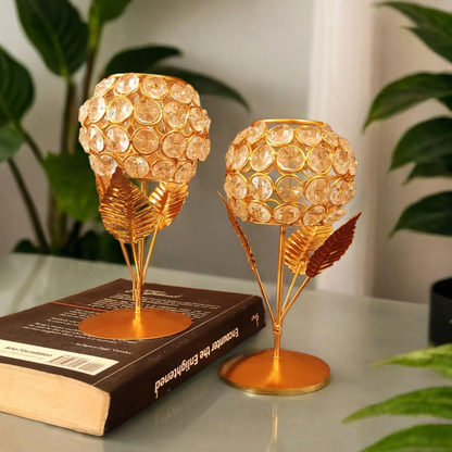 Bhumatha Metal Gold Plated Crystal Candle Holder - Decorative Tea Light Stand Votive for Home Decor (Set of 2)