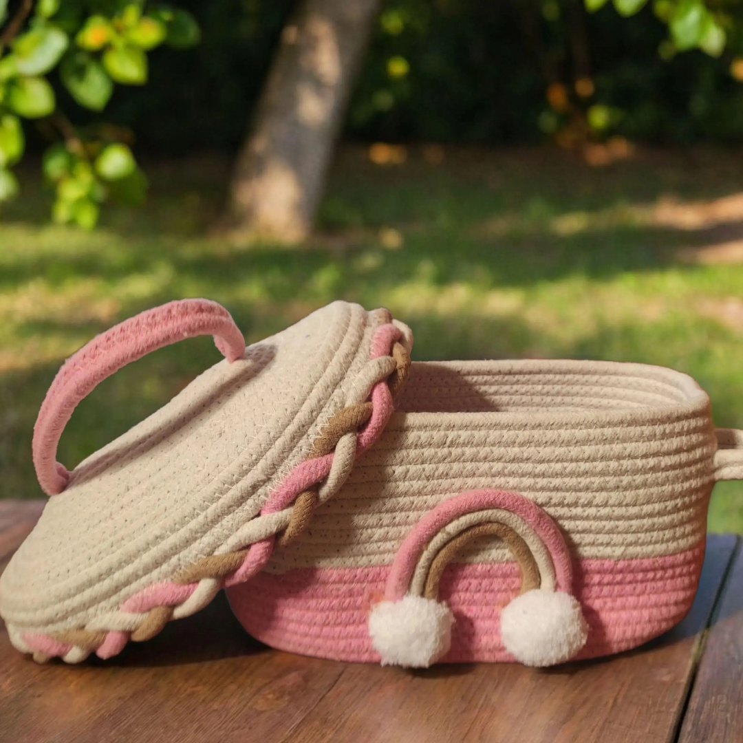 Bhumatha Cute Jute Basket with Lid Storage (pink and white) hamper basket set of 1