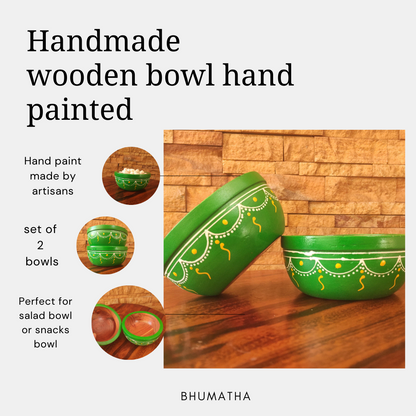 Bhumatha Mango Wood Classic Elegant Hand Made Wooden Bowl  - Set of 2 green