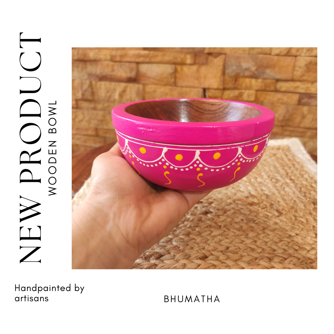 Bhumatha Hand Made Wooden Salad Bowl Made from Mango Wood and Hand Painted Design Outside- Includes Jute Coaster