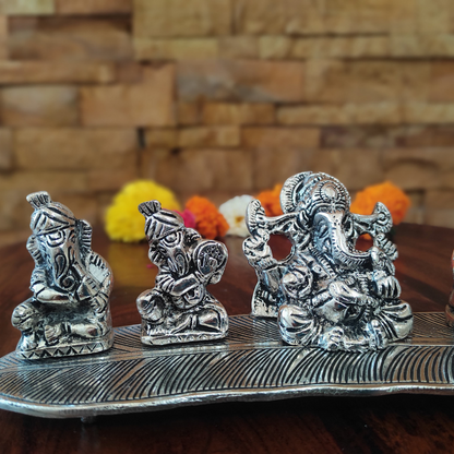 Bhumatha Set of 5 Silver Plated Metal Musical Ganesh Ji Sitting On A Leaf