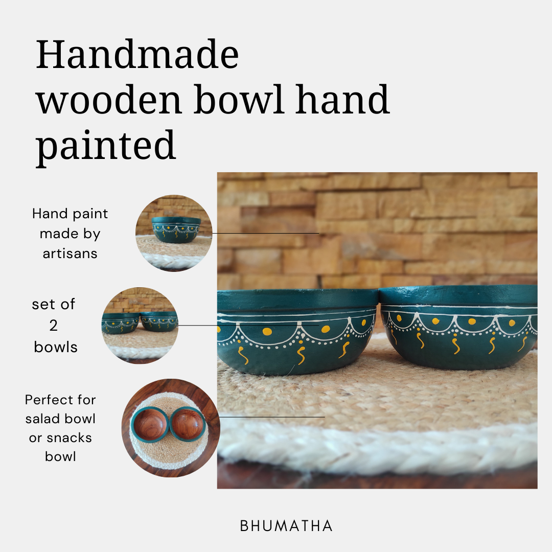 Bhumatha Mango Wood Classic Elegant Hand Made Wooden Bowl with Hand Paint, Multipurpose for Serving, Home & Kitchen Handcrafted (teal color) - Set of 2