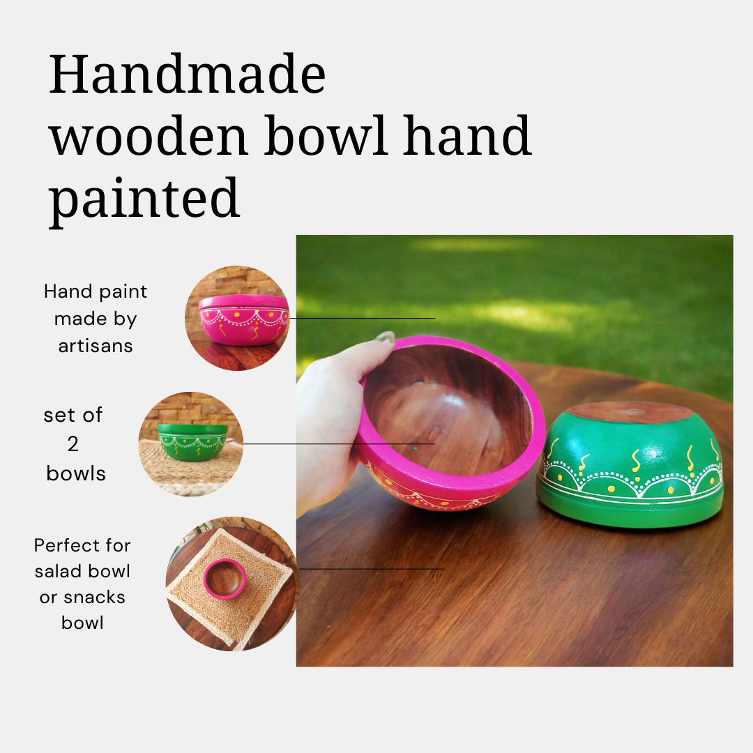 Bhumatha Mango Wood Classic Elegant Hand Made Wooden Bowl with Hand Paint, Multipurpose for Serving, Home & Kitchen Handcrafted (Multi Color) - Set of 2