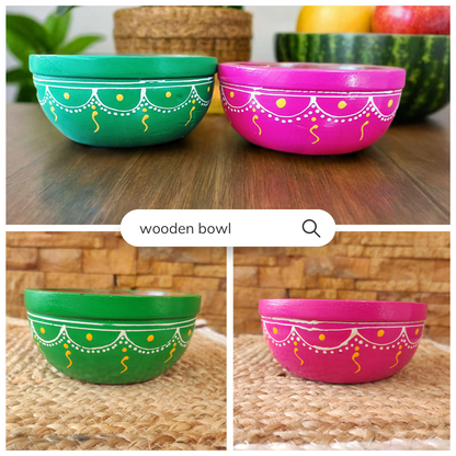 Bhumatha Mango Wood Classic Elegant Hand Made Wooden Bowl with Hand Paint, Multipurpose for Serving, Home & Kitchen Handcrafted (Multi Color) - Set of 2