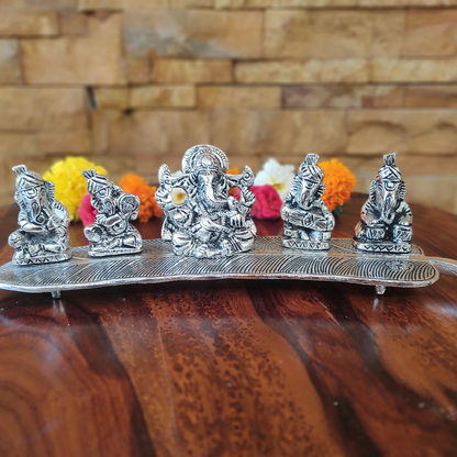 Bhumatha Set of 5 Silver Plated Metal Musical Ganesh Ji Sitting On A Leaf