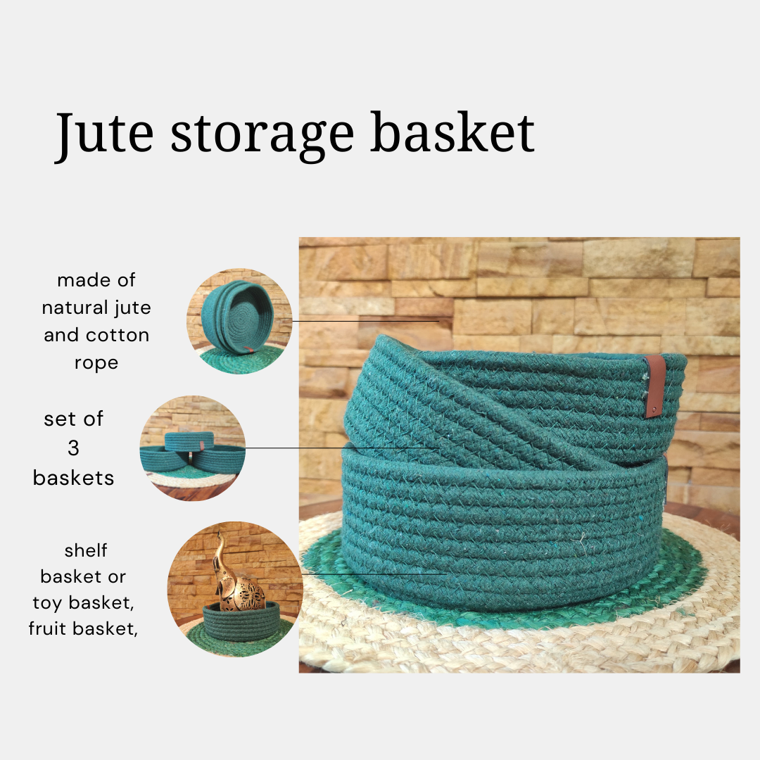 Bhumatha Jute Baskets baskets Online | Designer Baskets | Storage/Shelves Baskets | Fruit Baskets or clothes (Dark green, Set of All 3 Sizes (S,M & L))(Copy)