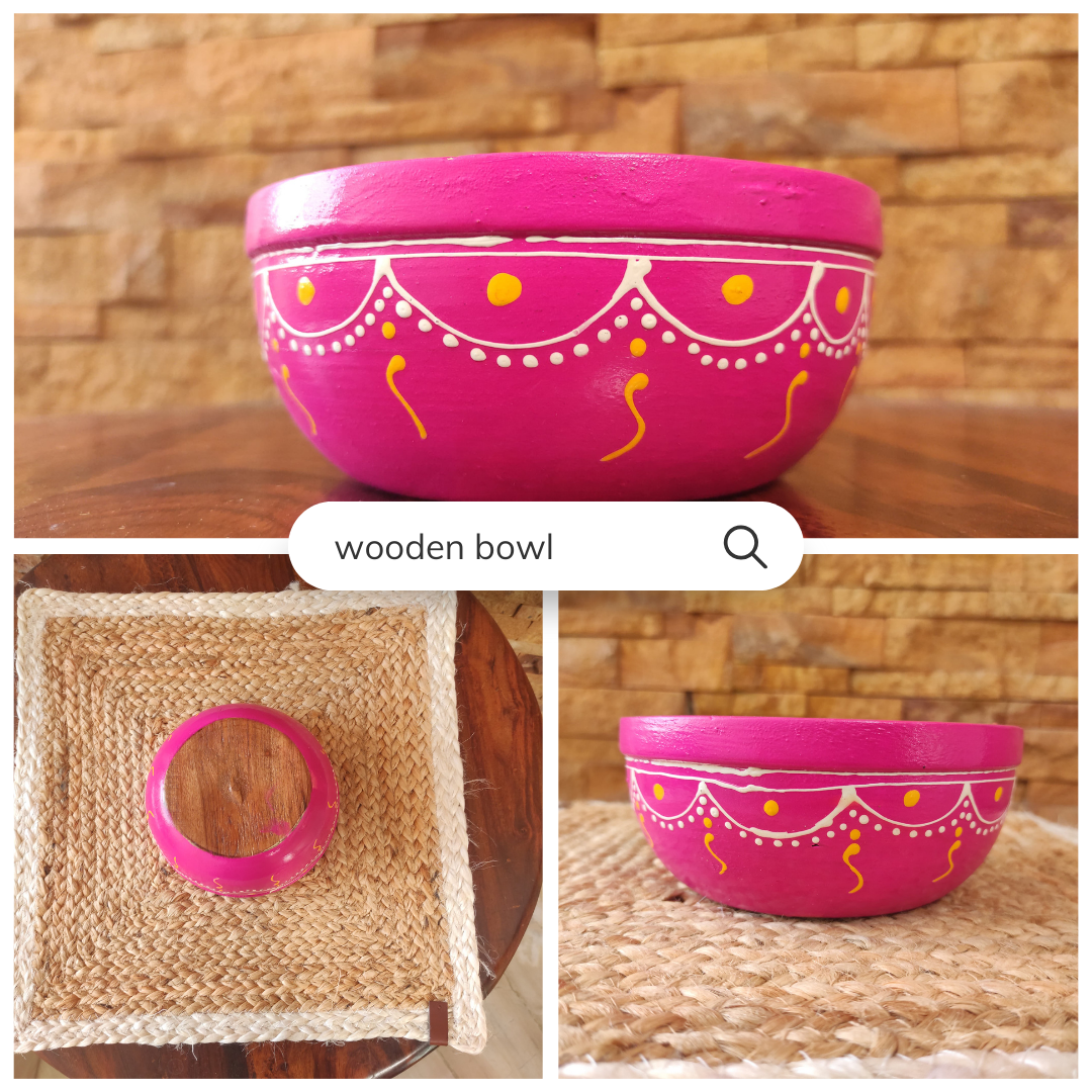 Bhumatha Hand Made Wooden Salad Bowl Made from Mango Wood and Hand Painted Design Outside- Includes Jute Coaster