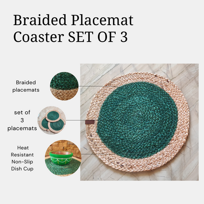 Bhumatha Jute Braided Placemats (gold and teal, 33 cm Round) Set of 3