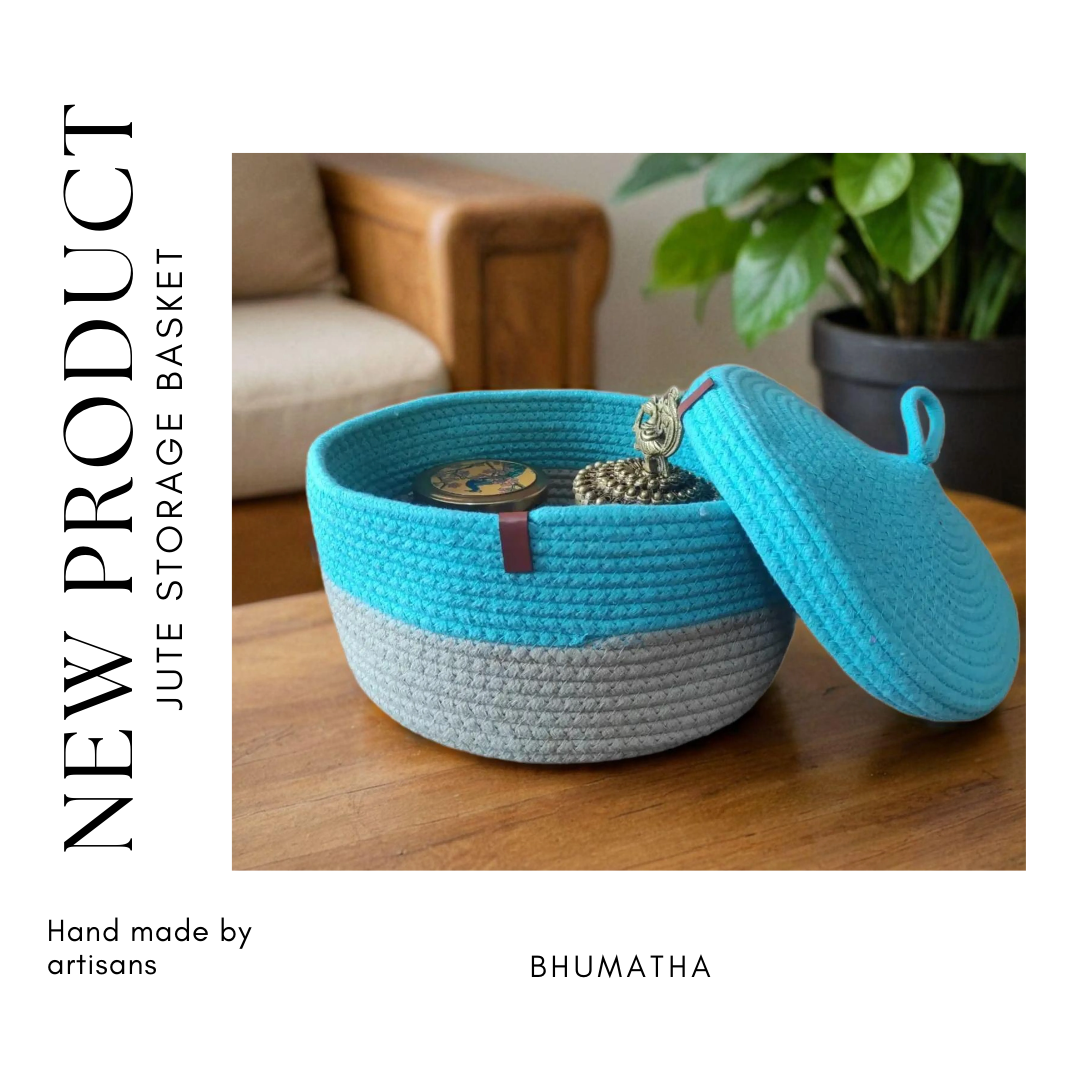 Bhumatha Cute Jute Basket with Lid Storage | Designer Baskets | Storage/Shelves Baskets | Fruit Baskets or clothes or hamper basket set of 1 (BLUE AND GREY)