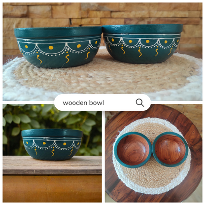 Bhumatha Mango Wood Classic Elegant Hand Made Wooden Bowl with Hand Paint, Multipurpose for Serving, Home & Kitchen Handcrafted (teal color) - Set of 2