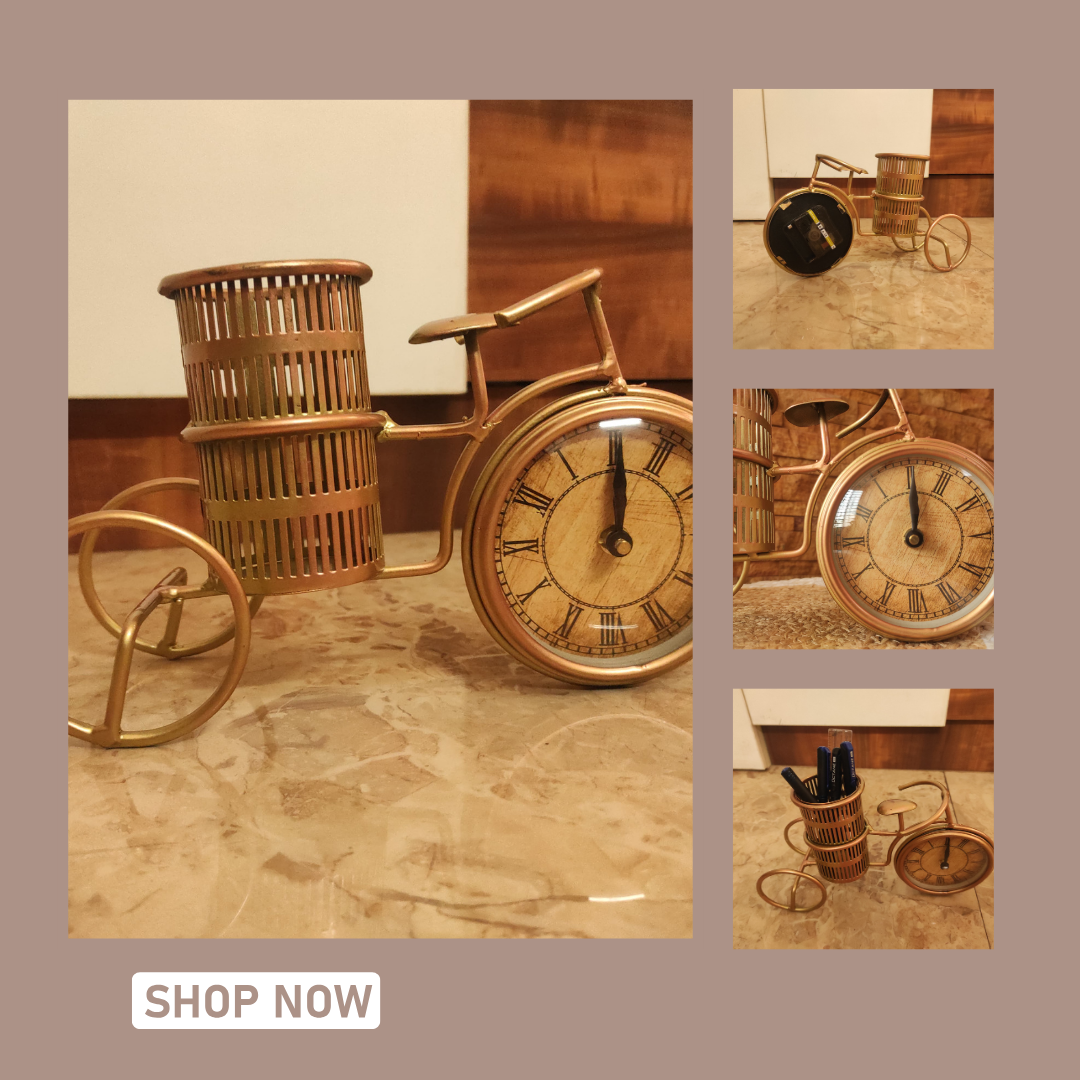 Bhumatha Antique Iron cycle Pen Pencil Stand Holder with clock set of 1