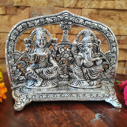 Bhumatha Auspicious Laxmi Ganesh Idol - Silver Plated (12 l x 16H x 5W cm) Box with Two diyas