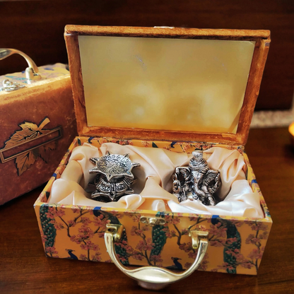 Bhumatha Silver Plated Pagdi Ganesha Idol Oxidized Finish with Luxury Velvet Box and 2 diyas