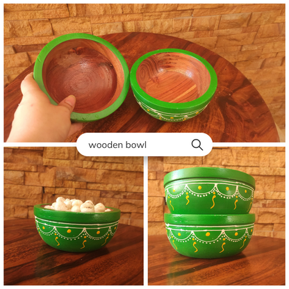 Bhumatha Mango Wood Classic Elegant Hand Made Wooden Bowl  - Set of 2 green