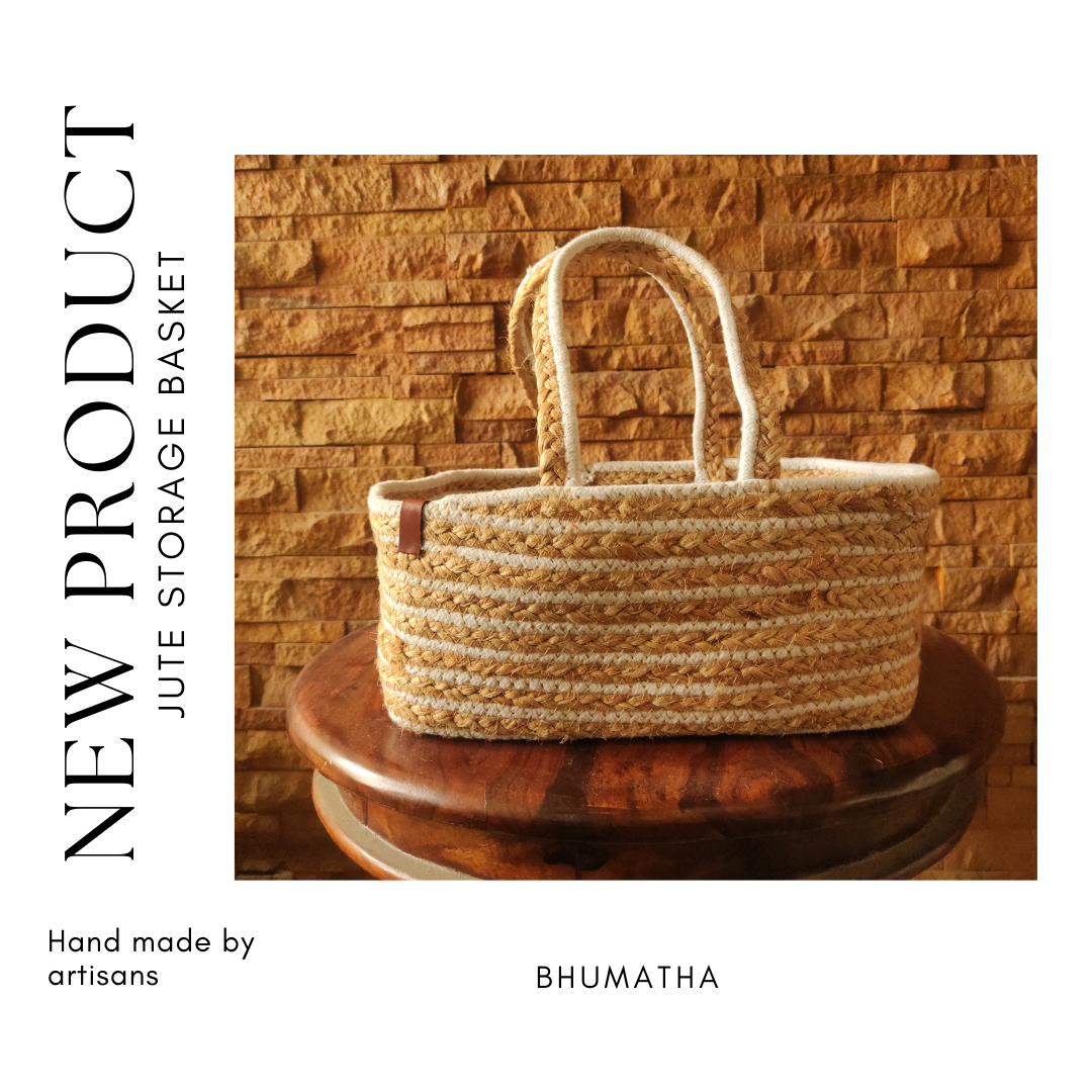 Bhumatha Cute Jute Basket for Storage, Clothes, Kitchen (Beige and white, 32x20x15 cm) - Handmade Rectangular Basket for Desk Organizer, Fruits, Vegetables, Home Decor, Wardrobe, Travelling