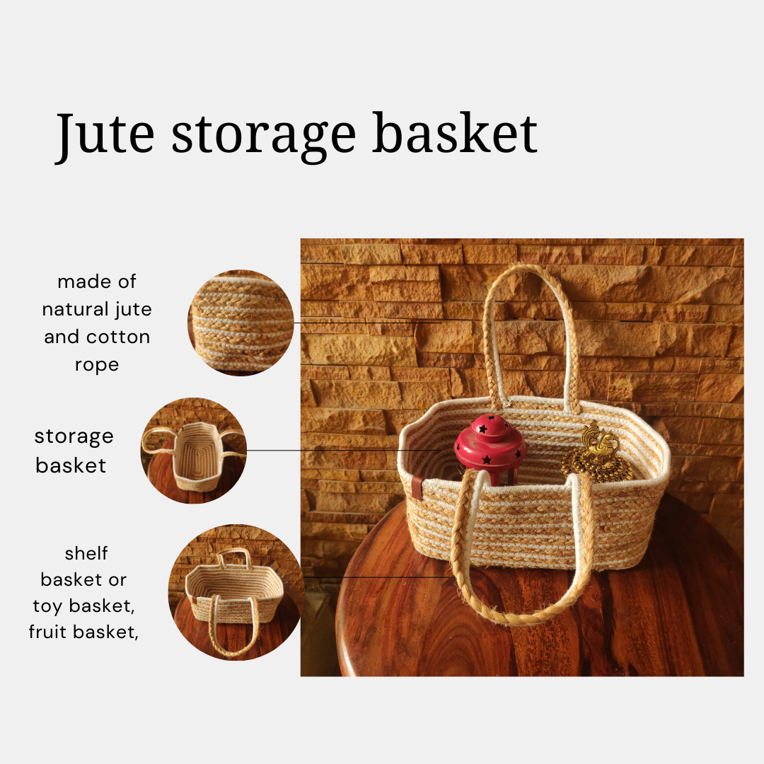 Bhumatha Cute Jute Basket for Storage, Clothes, Kitchen (Beige and white, 32x20x15 cm) - Handmade Rectangular Basket for Desk Organizer, Fruits, Vegetables, Home Decor, Wardrobe, Travelling