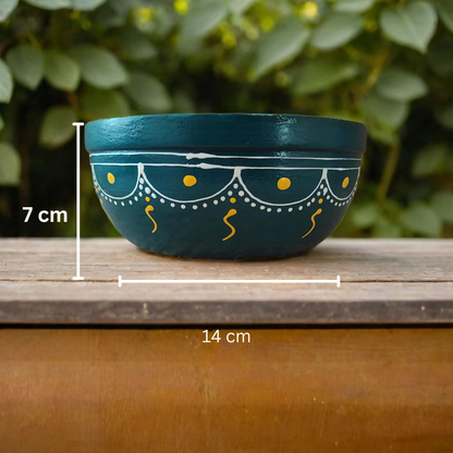 Bhumatha Mango Wood Classic Elegant Hand Made Wooden Bowl with Hand Paint, Multipurpose for Serving, Home & Kitchen Handcrafted (teal color) - Set of 2