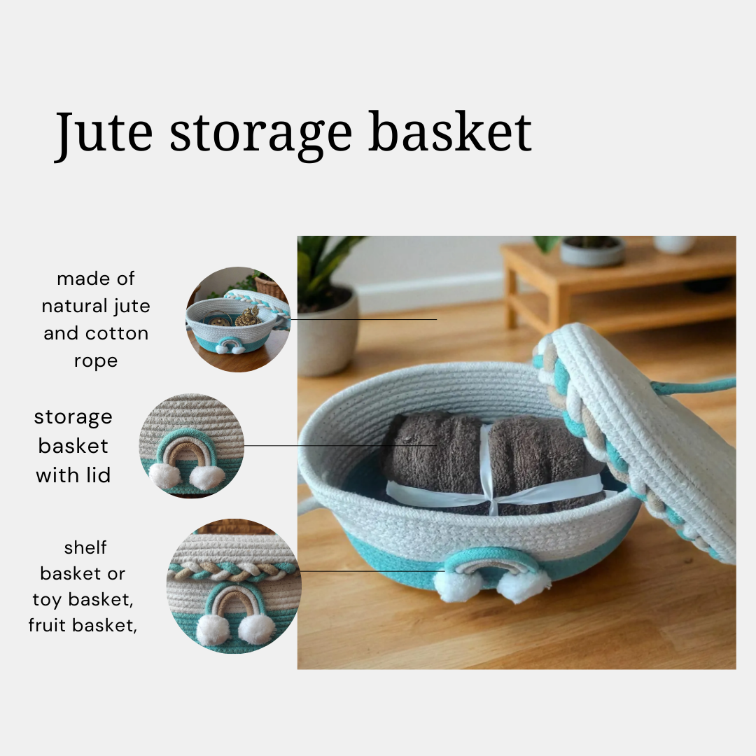 Bhumatha Cute Jute Basket with Lid Storage (blue and white) hamper basket set of 1