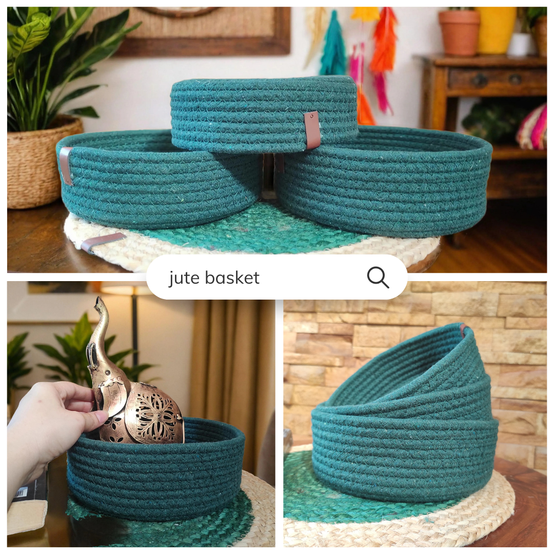 Bhumatha Jute Baskets baskets Online | Designer Baskets | Storage/Shelves Baskets | Fruit Baskets or clothes (Dark green, Set of All 3 Sizes (S,M & L))(Copy)