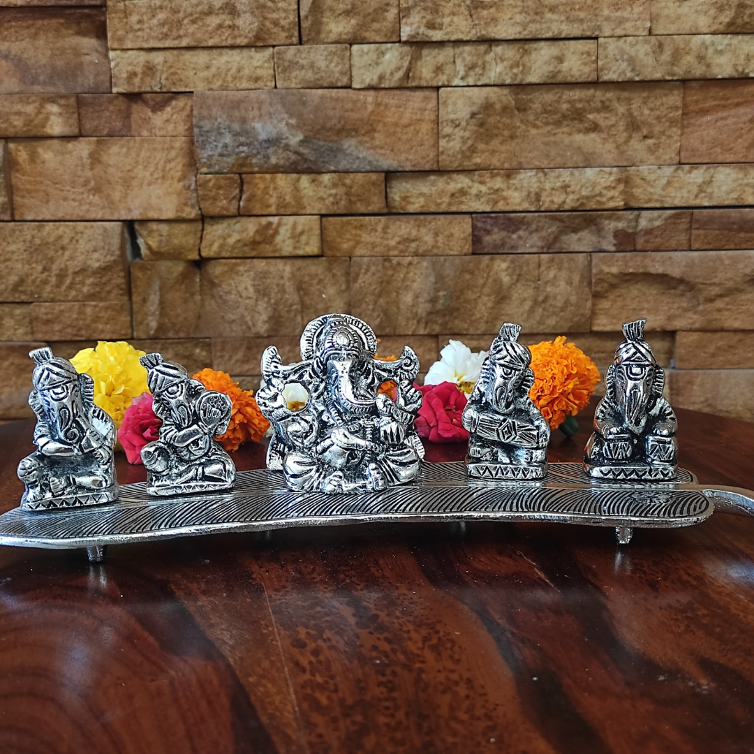 Bhumatha Set of 5 Silver Plated Metal Musical Ganesh Ji Sitting On A Leaf