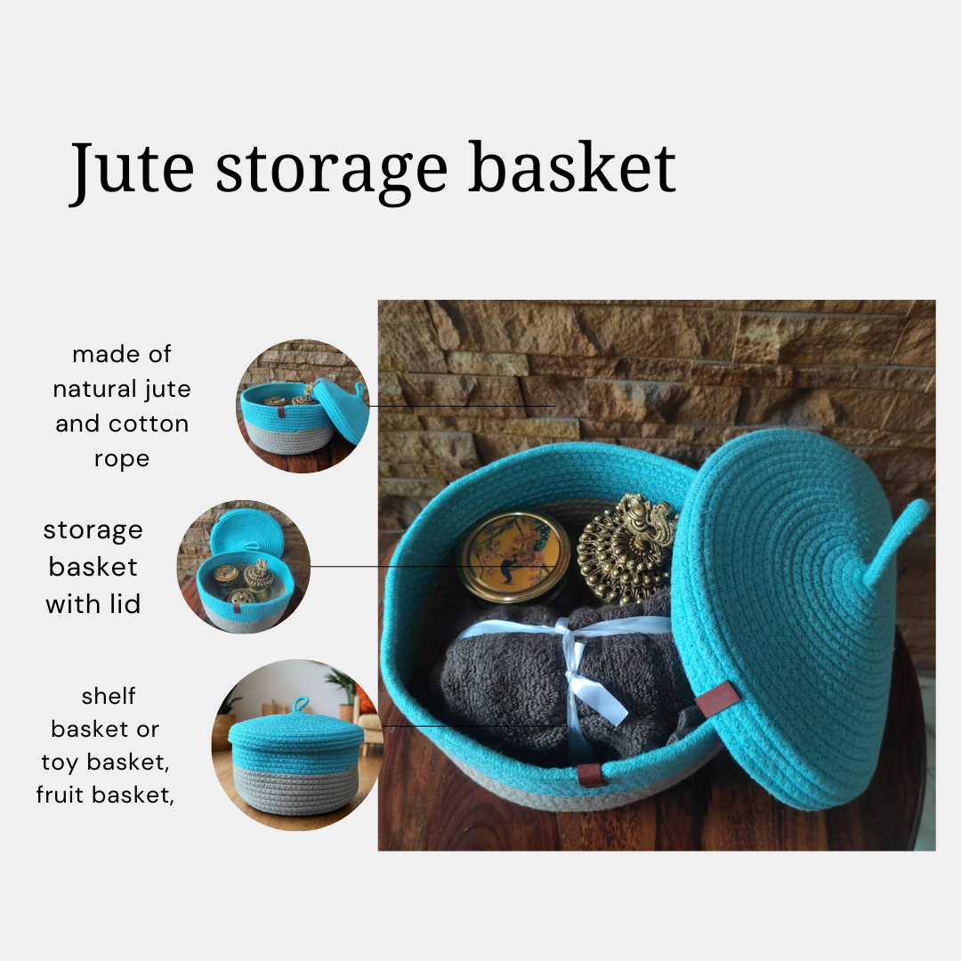 Bhumatha Cute Jute Basket with Lid Storage | Designer Baskets | Storage/Shelves Baskets | Fruit Baskets or clothes or hamper basket set of 1 (BLUE AND GREY)