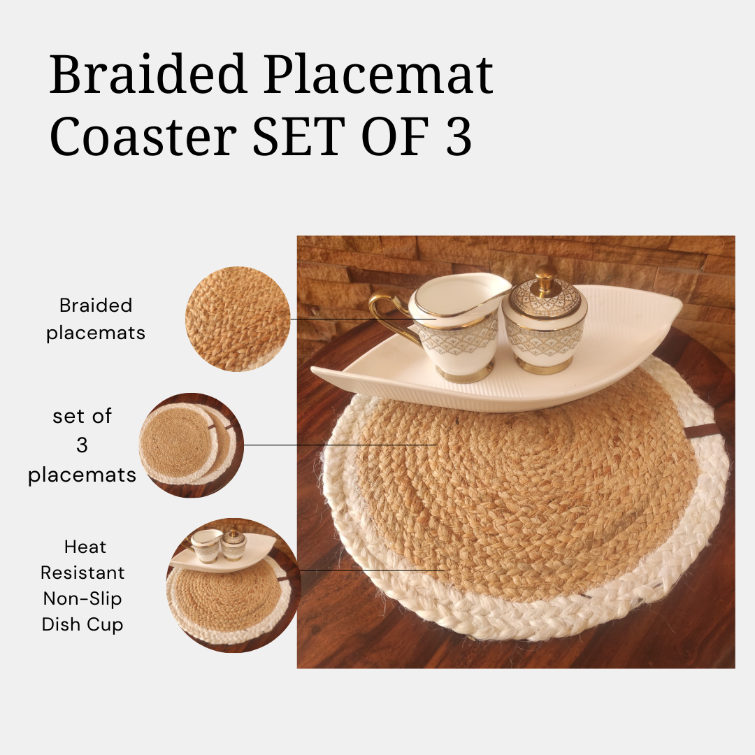 Bhumatha Jute Braided Placemats (White and Gold, 33 cm Round) Set of 2